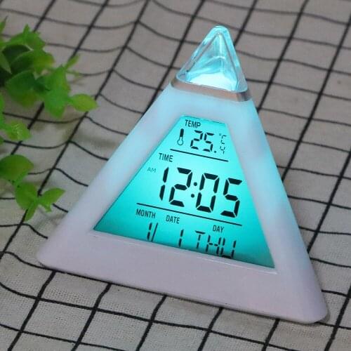 New Digital Alarm Clock Thermometer Backlight Change Clock Perpetual Calendar Colorful Cone Pyramid Style Home Decoration Random