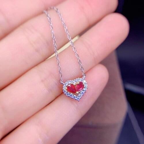 Valentine gift heart style natural ruby necklace real 925 silver natural gem two heart together party gift birthstone cancer