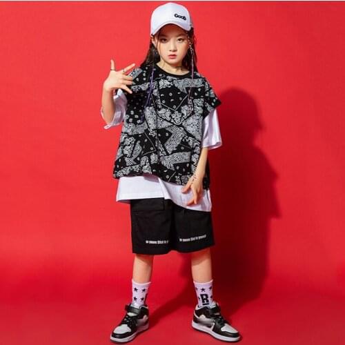 Kids Hip Hop Performance Clothing Fashion Printed Black Vest Girls Street Dancewear Jazz Dance Costume Rave Stage Clothes BL6338