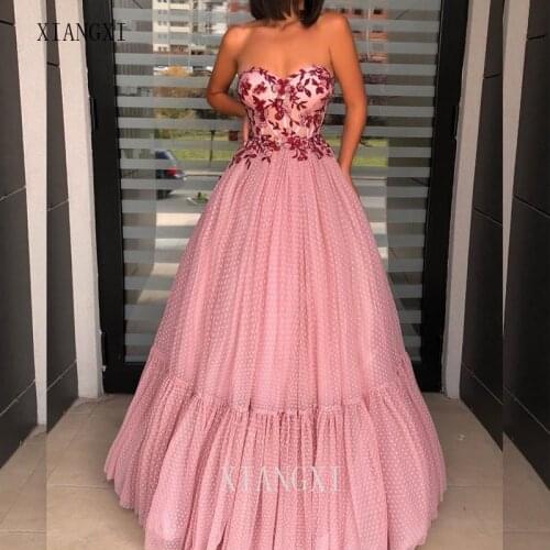2020Elegant Long Evening Dresses Tulle Ball Gown Embroidery Floor Length Evening Dress Formal Gowns Robe de soiree Vestidos Long