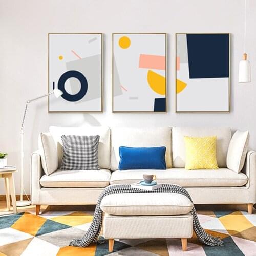 Geometric Pattern Combination Yellow And Blue Modern Abstract Poster Decorative Pictures Wall Art For Living Room Print Canvas P