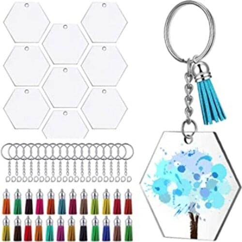 Hot YO-72Pcs Acrylic Transparent Discs Hexagon Keychain Blanks Charms and Tassel Pendants Keyring with Chain for DIY Crafts