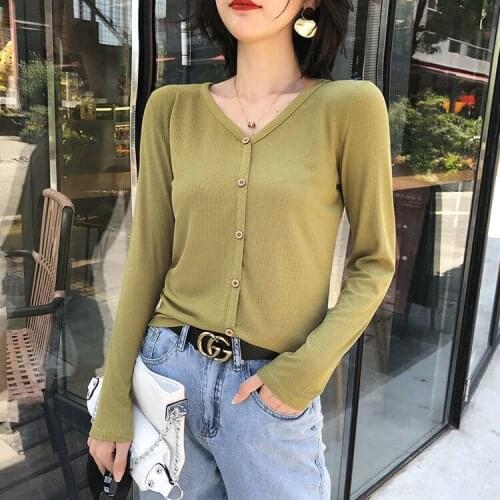 Cotton V-neck Long-Sleeved T-shirt Womens Top