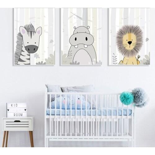 Hippo Zebra Lion Woodland Animal Print Baby Nursery Art Canvas Poster Nordic Wall Art Paintings Boy Kids Room Decorative Picture
