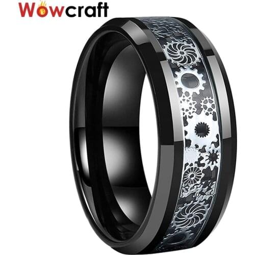 6/8mm Black Wedding Band Tungsten Carbide Rings for Men Women Carbon Fiber Gears Inlay Polished Shiny Beveled Edges Comfrot Fit
