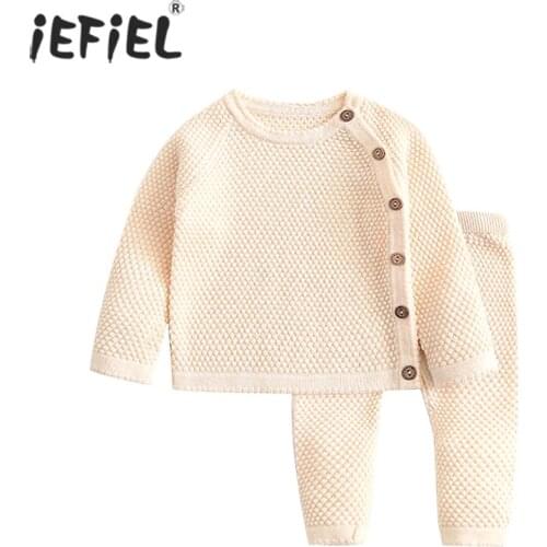 Baby Boy Girl Sets Autumn Winter Knit Clothes Long Sleeve Knitted Sweater Newborns Solid Tops + Pant Outfits Casual Baby Pajamas