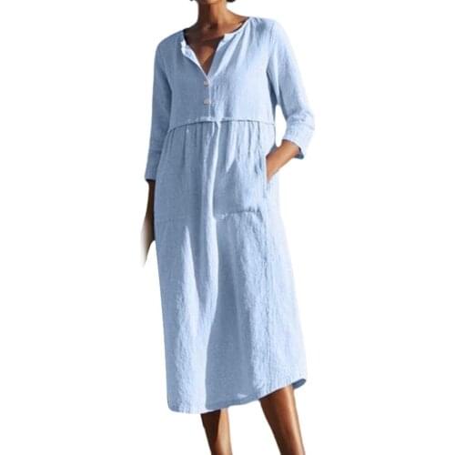 Woman dress Solid Color Half Sleeve Pockets Buttons Cotton Linen Loose Midi Dress dresses for women summer dress женское платье