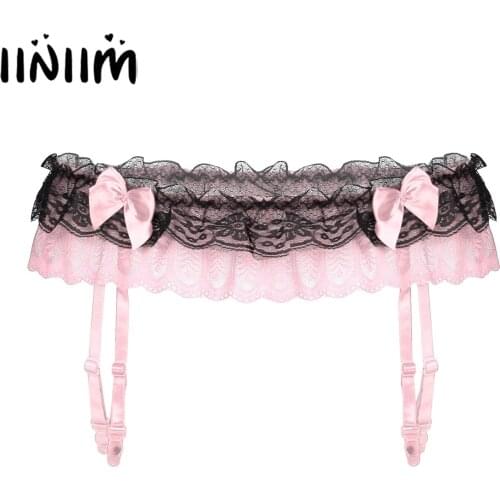 Iiniim Mens Exotic Sissy Double Layers Lace Elastic Waistband Suspenders Sissy Nightwear Bowknot Garter Belt for Stockings