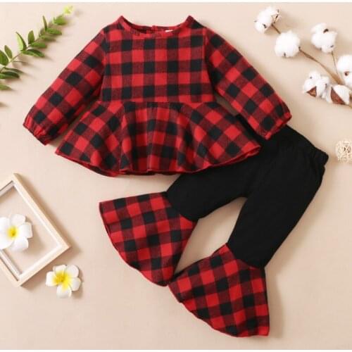 2Pcs Christmas Little Girls Outfit, Sweet Style Plaid Long Sleeve Round Collar Flouncing Hem Tops + Bell-bottomed Pants