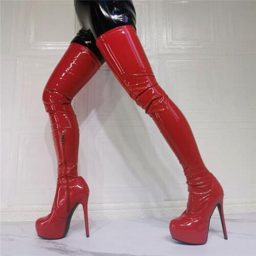 Over The Knee Boots Stiletto 16cm Super High Heel Queen Long Boot Red Patent Leather Platform Boots Reverse String Mens Shoes