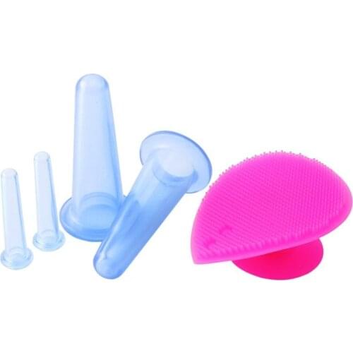 5pcs/set Face Cupping Cups Silicone Jar Vacuum Cans Body Facial Lifting Eye Back Massage+Cleansing Brush Anti-cellulite Massager