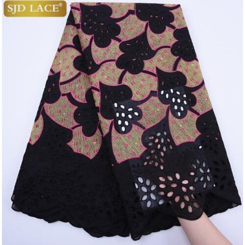 SJD LACE Black And Golden African Cotton Lace Fabric With Eyelet Embroidery Nigerian Swiss Voile Lace In Switzerland PartyA1788