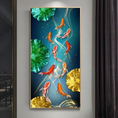 Modern Gold Koi Fishes Animal Wall Art Canvas Painting Landscape Ocean Posters and Prints Wall Pictures for Living Room Decor