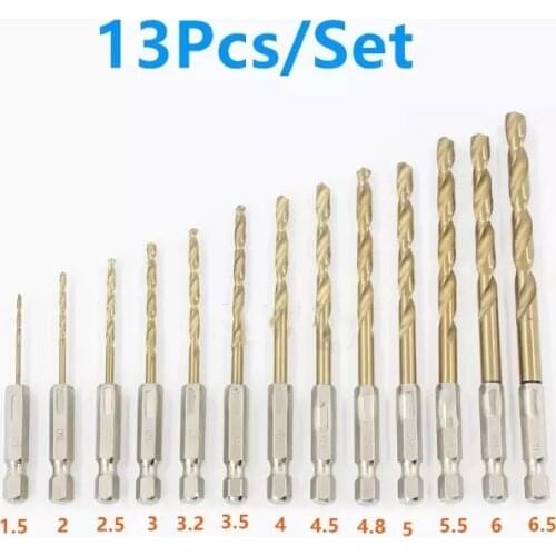 13Pcs/Set 1.5-6.5mm Hexagonal Shank Twist Drill, HSS Reaming Drill Bit, Wooden Plastic Thin Iron Hole Set Woodworking Tools