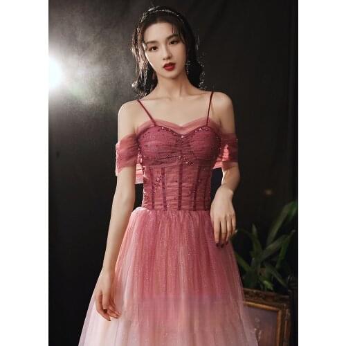 Wine Red Off the Shoulder Evening Dress Fairy Dream Gradual Ball Gown Wedding Engagement Banquet Annual Meeting Prom Dress A207
