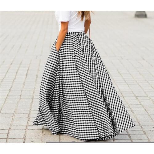 Women Summer Vintage Literary All Match Umbrella Skirt High Waist Slim A Word Plaid Long Skirt Casual Big Swing Check Skirt