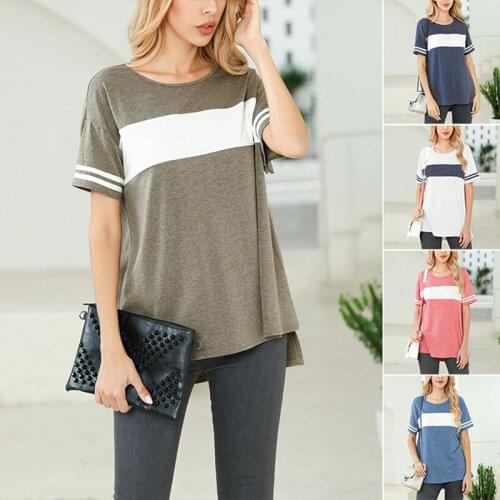Womens Fashion Casual Round Neck Color Matching Slit Short Sleeve T-Shirt Tops