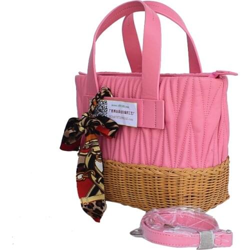 2020 New fashion style women bags red pu leather bag combine natural rattan bottom casual handbags for women shopping bags