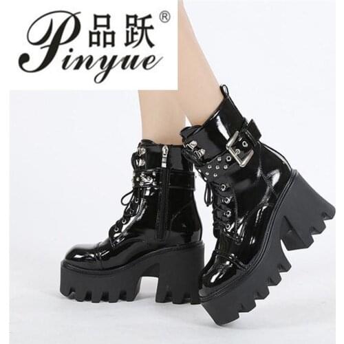 High Heeled Combat Boots For Women Fashion Buckle Lace Up Spring Autumn Thick Heel Platform Shoes Black Punk Side zipper boots