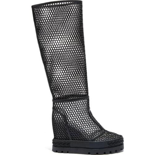 New Woman Black Mesh Hollow Out Summer Wedge Boots Round Toe 10 cm Height Increasing Thick Sole Platform Knee High Long Boots