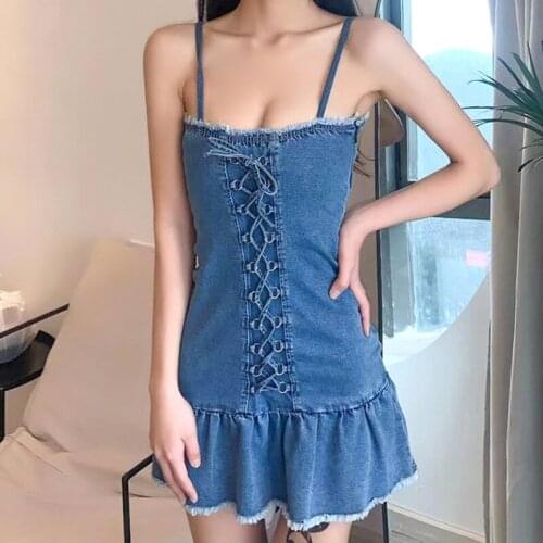 Missnight Mini Denim Dress Bow Bandage Dresses Cute Ruffles Patchwork A-line Backless Kawaii Casual Streetwear Summer Dress 2021
