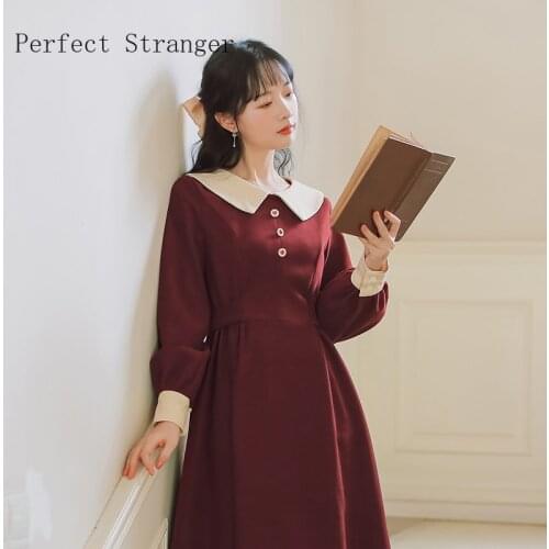 2021 Autumn Winter New Arrival Sweet Peter Pan Collar Collect Waist Long Sleeve Women Long Cotton Dress