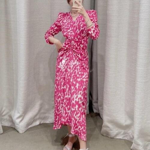 Women V-Neck Silk Pleated Midi Dress 2021 Summer Autumn Long Sleeve Ladies Elastic Waist Shirring Slim Long Dresses Robe