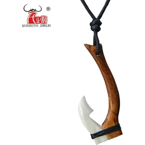 GX059 Hawaii wood fish Hook necklace yak bone necklaces New Zealand Maori pendant Primitive tribes jewelry Handmade for surfing
