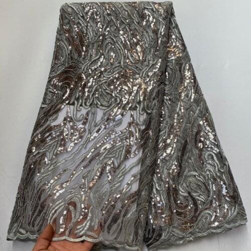 5yards/pc) High quality grey African French net lace fabric fully embroidered and with sequins for party dress FLP273