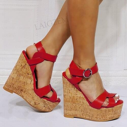 BERZIMER Women Platform Wedges Sandals Open Toe Heels Pumps Summer Ankle Strap Faux Leather Female Shoes Woman Plus Size 42 52