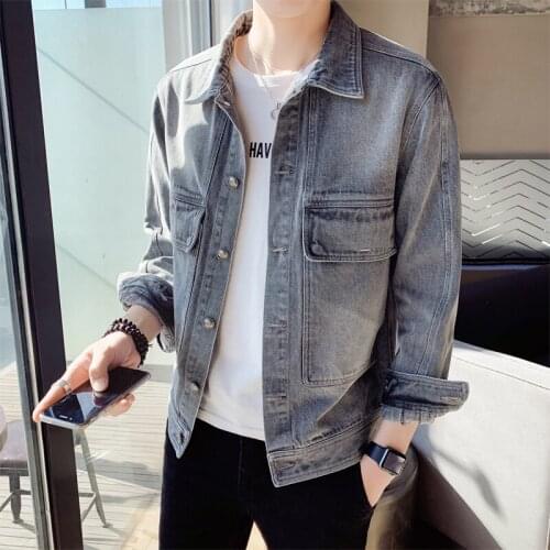Spring New Big Pocket Decor Jeans Jackets Men Clothing 2021 Fashion Turn Down Collar Slim Fit Denim Coats Casual Streetwear 4XL