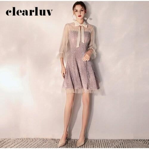 Purple A-Line Elegant Prom Dress DR312 Sparkling Sequin Women Party Dresses Patchwork Vestidos De Gala Puff Sleeve Formal Gowns