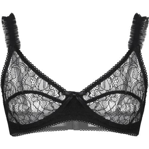 Gay Mens Sexy Sissy See Through Sheer Floral Lace Lingerie Spaghetti Straps Wire-free No Padded Soft Bralette Bras Crop Tops