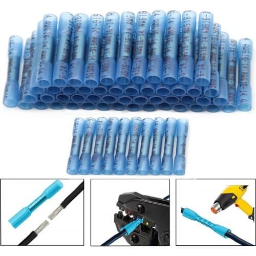100/50PCS Blue Heat Shrink Butt Terminals Insulated Electrical Wire Connectors 16-14 AWG Cable Crimping Terminals Connector