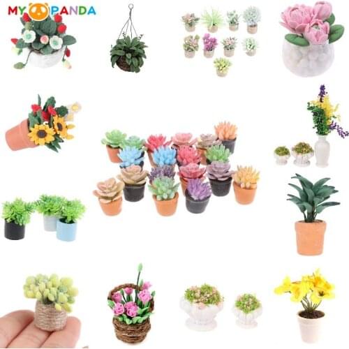 1/12 Doll House Miniature Flowers Fairy Garden Ornament Mini Potted Plant Flowers Pot DollHouse Decor Bonsai Model House Decor