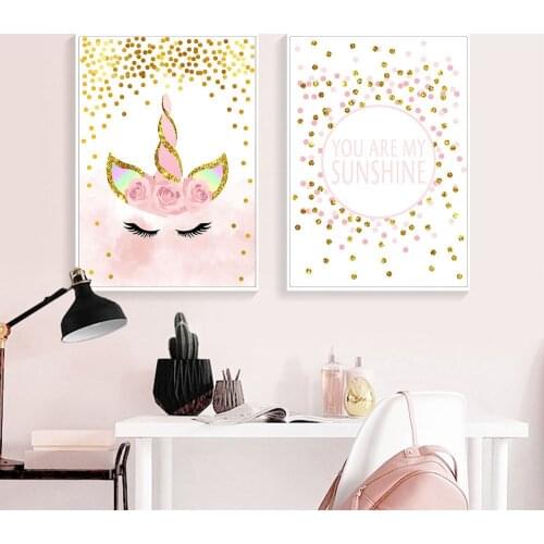 Lovely Cute Pink Unicorn Decorative Canvas Painting Wall Pictures Posters For Children Bedroom Decoration Home Decor