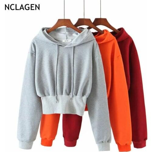 NCLAGEN 2020 Fashion Crop Hoodies Waist Shaping Loose Casual Hooded Sweatshirt Autumn Long Sleeve Pullovers Women Outfits