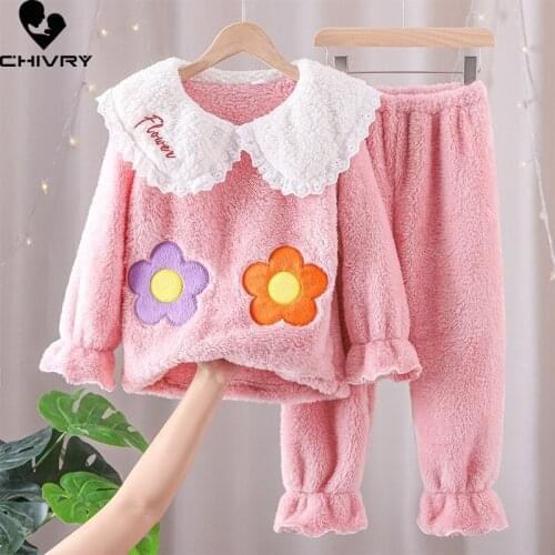 New 2021 Kids Girls Autumn Winter Thicken Flannel Pajama Sets Flower Long Sleeve Lapel Tops with Pants Sleeping Clothing Sets