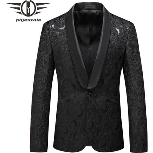 Plyesxale Black Floral Jacquard Blazer For Men 2020 New Arrival Shawl Collar Mens Blazers Big Size Prom Party Blazer Man Q953