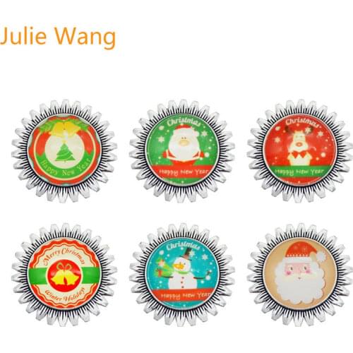 Julie Wang Christmas Brooch Pins Alloy Sun Flower Setting Round Glass 25mm Cabochons Santa Claus Tree Bell Jewelry Xmas Gift