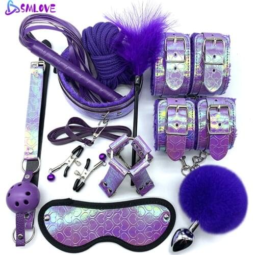 SMLOVE Erotic Sex Handcuffs Nipple Clamp Rope BDSM Bondage Set Colorful leather Dazzling Toys Whip Collar Gag For Women Sex shop