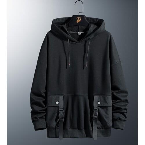 Streetwear Men‘s Hoodies Sweatshirt Hip Hop Ribbon Long Sleeve Pullover Men Black Fashion Loose Male High Quality Streetwear