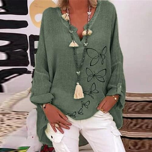 Women Casual Butterflies Print Shirts Fashion Long Sleeves Oversize Streetwear Linen Cotton Top Blouse 2021 New Female Blusa