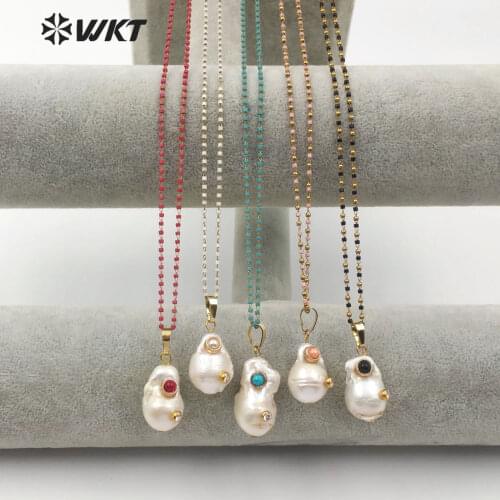 WT-JN091 Natural Baroque Pearl Rhinestone Pave Pendent With Colorful Gem-stone Bead Chain Necklace Woman Fashion Jewelry