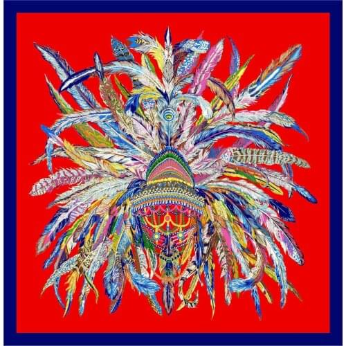 POBING Silk Square Scarf Women Indian Feather Print Foulard Big Hijab Bandana Lady Neckerchief High Quality Silk Scarf 90cm*90cm