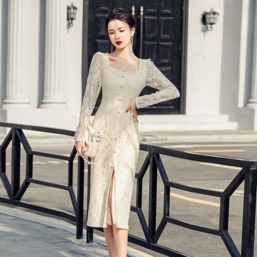 Spring New Socialite French Lace Dress Temperament Square Collar Single-Breasted Slim-Fit Sheath Split Womens Mid-Length Dress