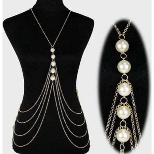 Summer Hot Body Necklace For Women Gold Chain Simulated-pearl Pendant Multi Layer Tassel Bodychains Boho Beach Jewelry