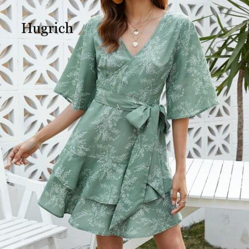 European and American Womens 2021 Summer Printed V-Neck Bandage Beach Holiday Dress