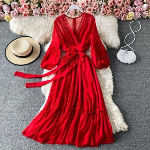 2021 Autumn Chiffon Holiday Dress Womens Lantern Sleeve V-Neck Zipper Hollow Out Fold Crossing Lace Up Red Mid-Long Vestidos