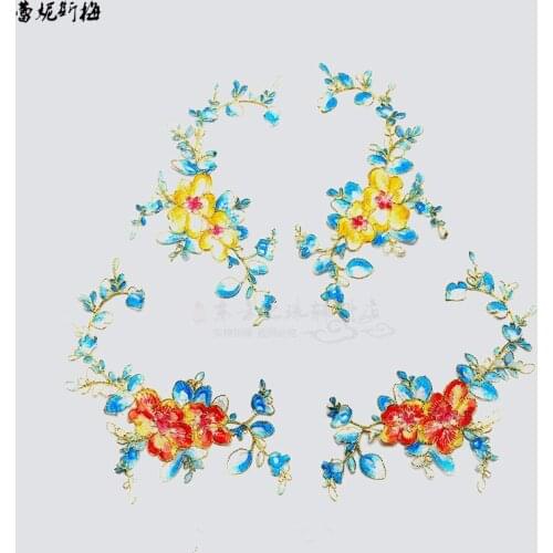 1 Mirror Pair Iron on Apliques Flower Cloth Lace Red Yellow Embroidered Applique Hot Flower pair Cheongsam Decoration 16X25cm